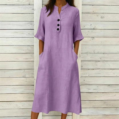 Vestido Regina™ con Cuello Mao, Botones y Bolsillos