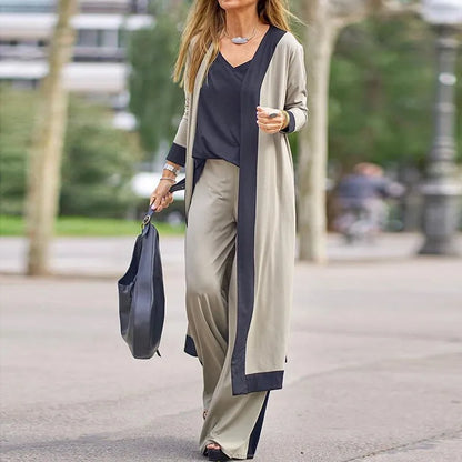 Conjunto Seravelle™ con Cárdigan Largo, Blusa de Escote en V y Pantalón Palazzo