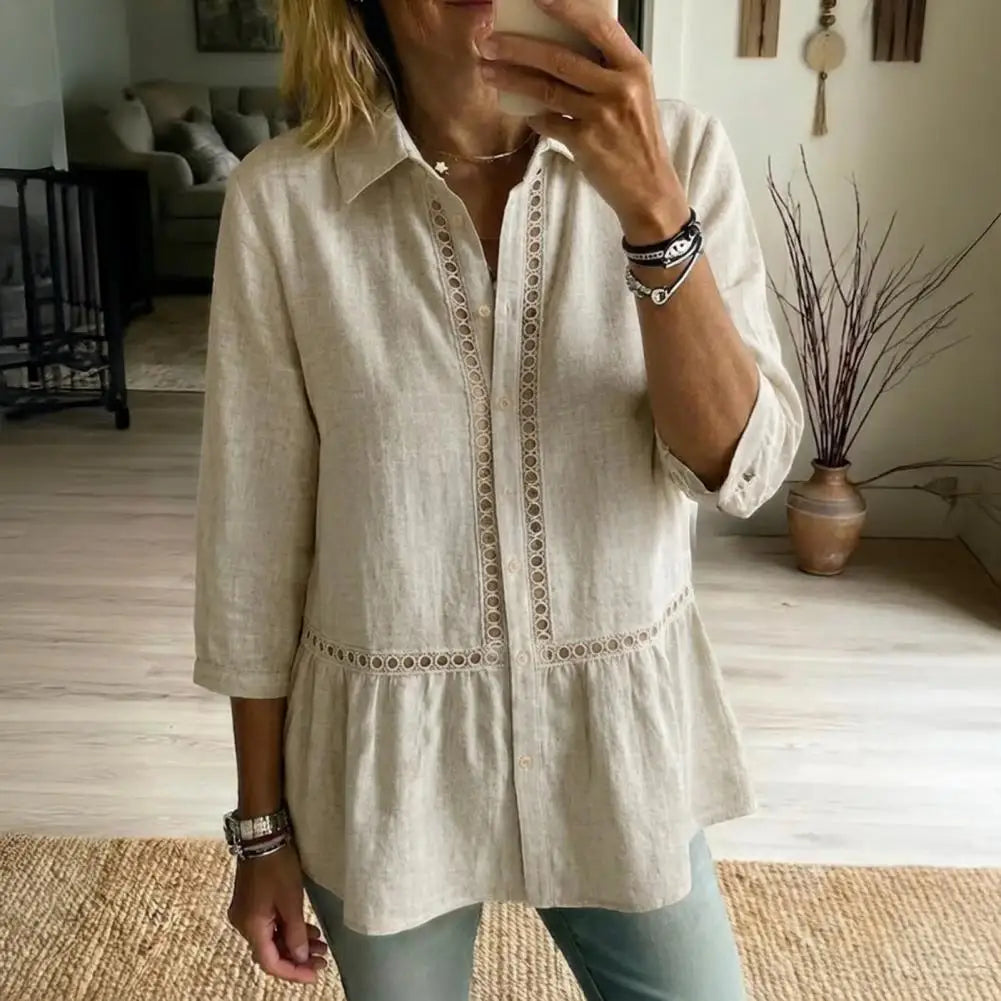 Camisa Fiorelly™ Con Cuello Clásico, Detalles Calados Y Bajo Amplio