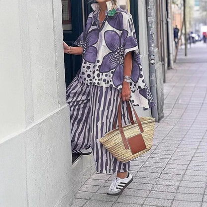 Conjunto Vionelle™ Con Camisa Floral Estampada Y Pantalón De Rayas De Corte Suelto