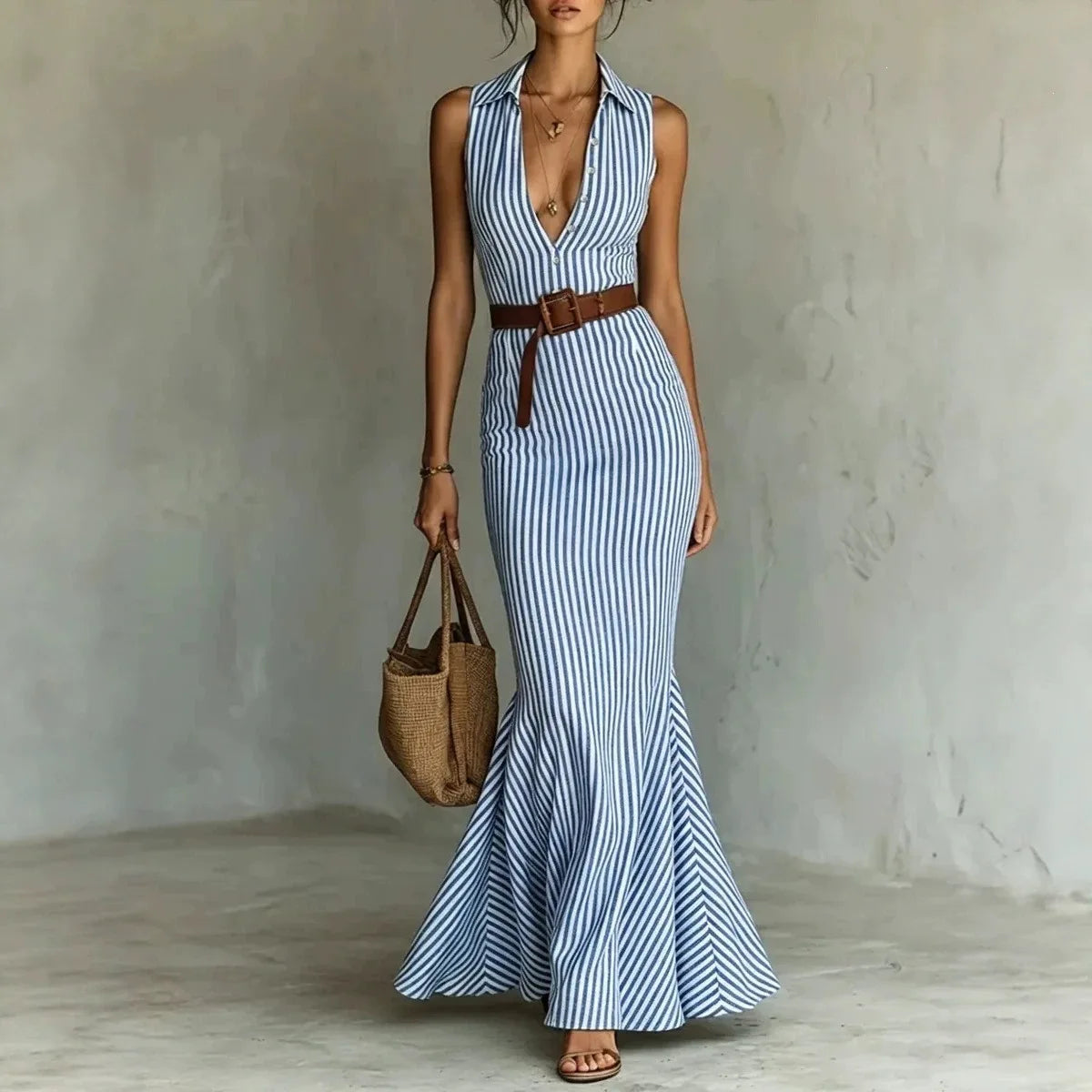 Vestido Seravina™ con Rayas Verticales y Cinturón de Regalo
