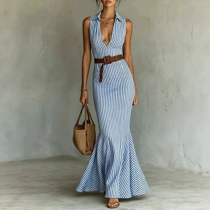 Vestido Seravina™ con Rayas Verticales y Cinturón de Regalo