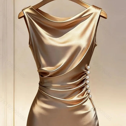 Vestido Vionessa™ con Acabado Satinado, Escote Drapeado y Perlas Laterales