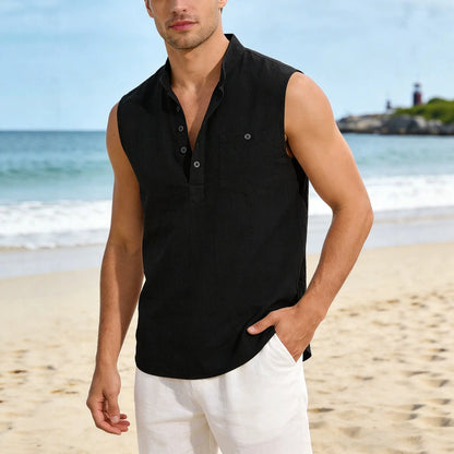 Camisa Sin Mangas Sebastien™ de Lino y Algodón con Cuello Mao