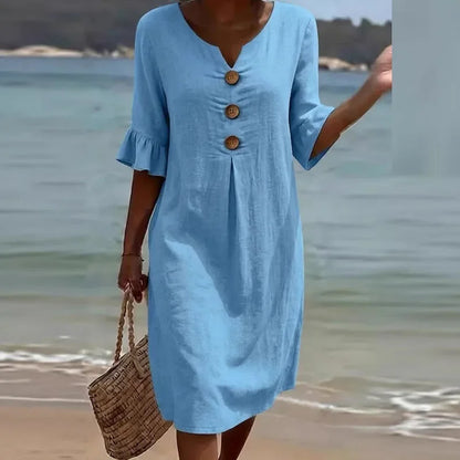 Vestido Liora™ de Algodón y Lino con Botones Frontales y Caída Fluida