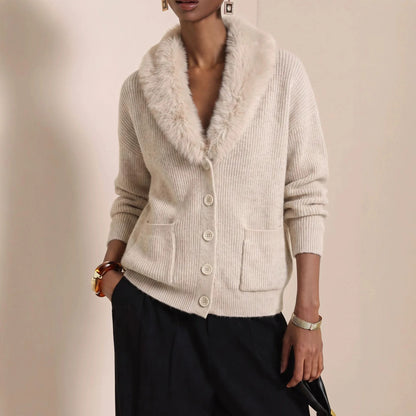 Cárdigan Marlena™ con Tricot Canelado, Cuello de Pelo y Bolsillos