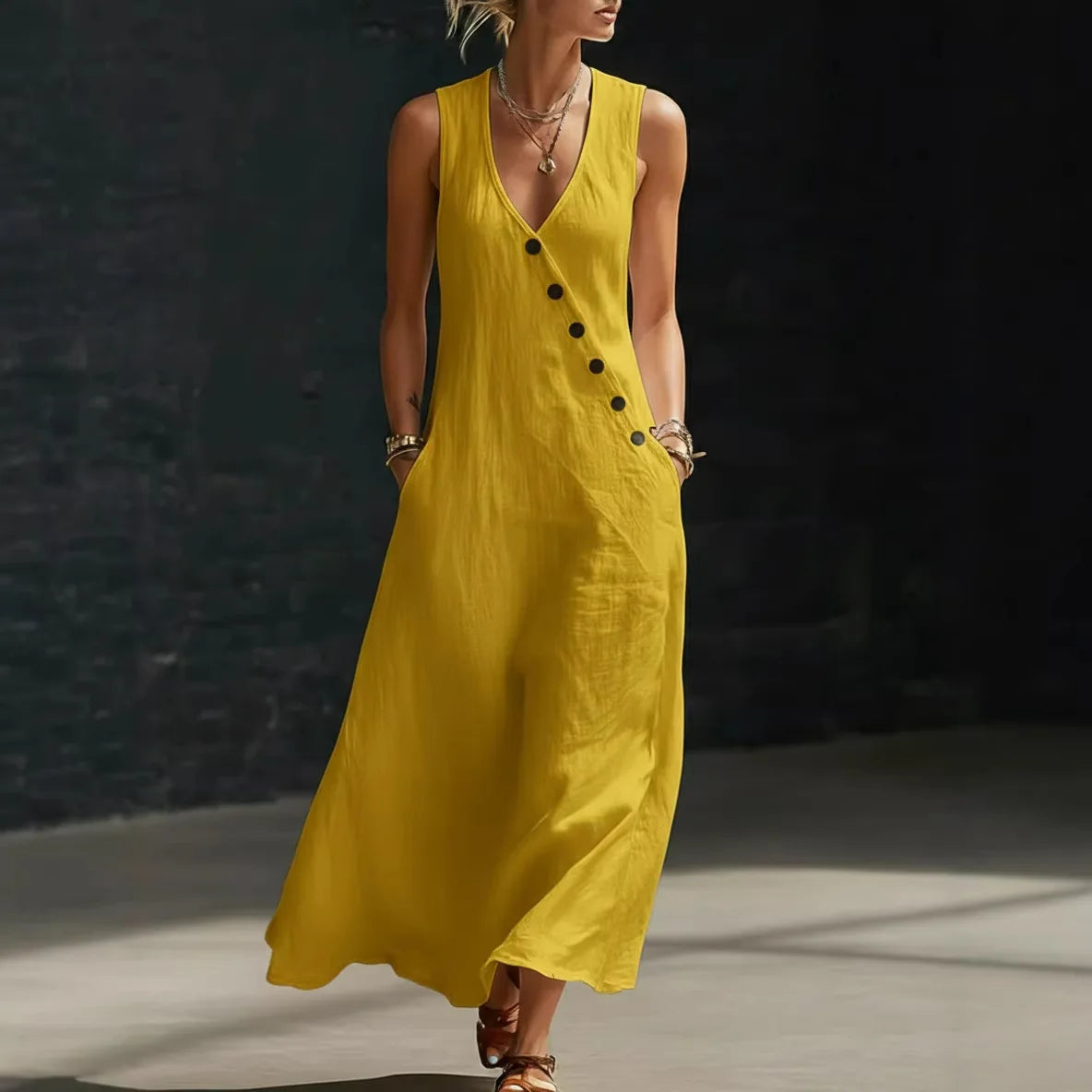 Vestido Midi Antonella™ con Botones Elegantes y Escote en V