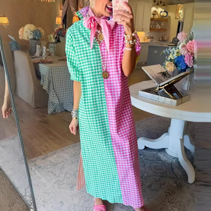 Vestido Colorie™ Con Cuello Camisero Y Estampado Vichy En Bloques