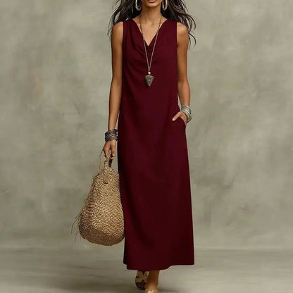 Vestido Largo Aveline™ con Escote Drapeado y Bolsillos Laterales
