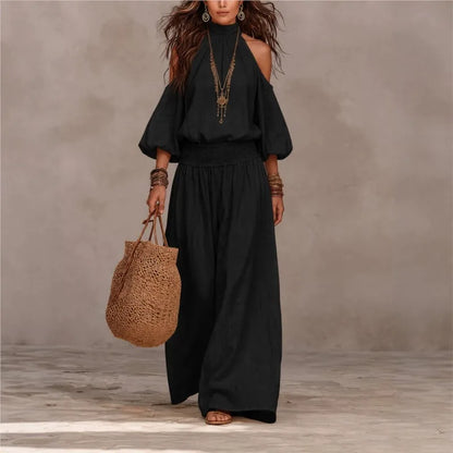 Conjunto Oceane™ con Blusa de Hombros Descubiertos y Pantalón Palazzo con Cintura Fruncida.