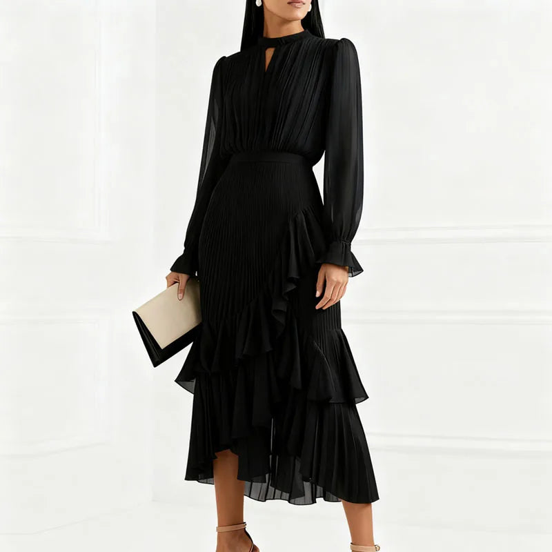 Vestido Lioren™ con Plisado Sofisticado y Volantes Asimétricos