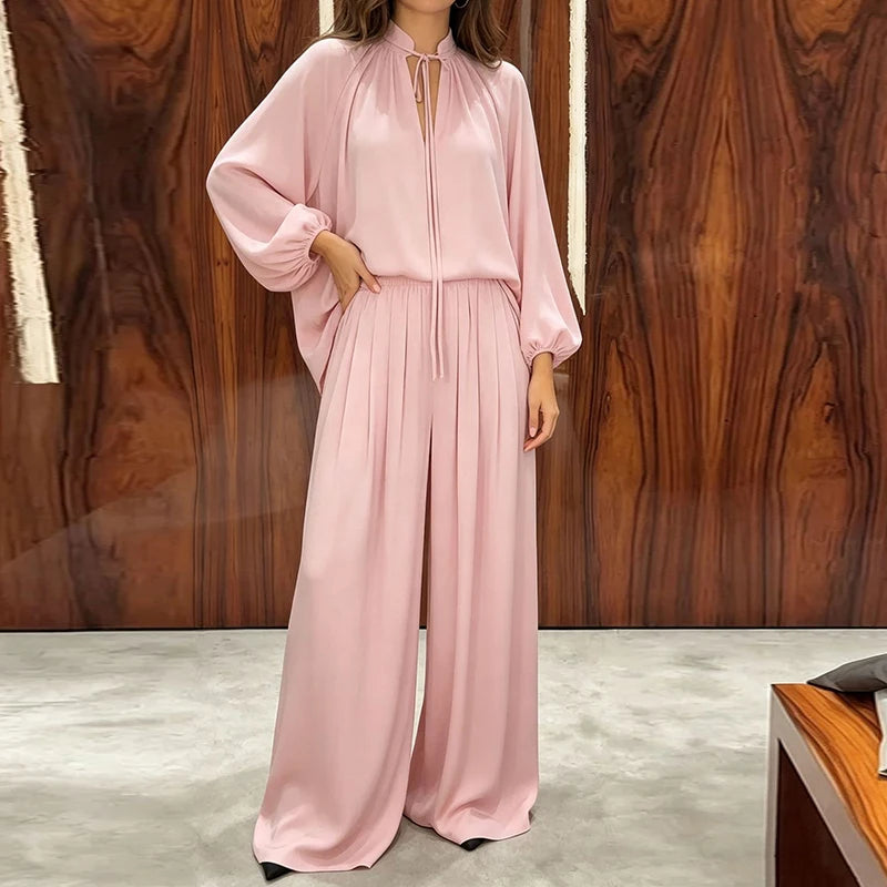 Conjunto Maristela™ con Blusa de Lazo Fluida y Pantalón de Pierna Ancha