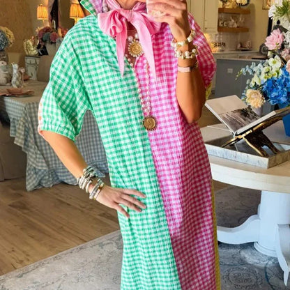 Vestido Colorie™ Con Cuello Camisero Y Estampado Vichy En Bloques