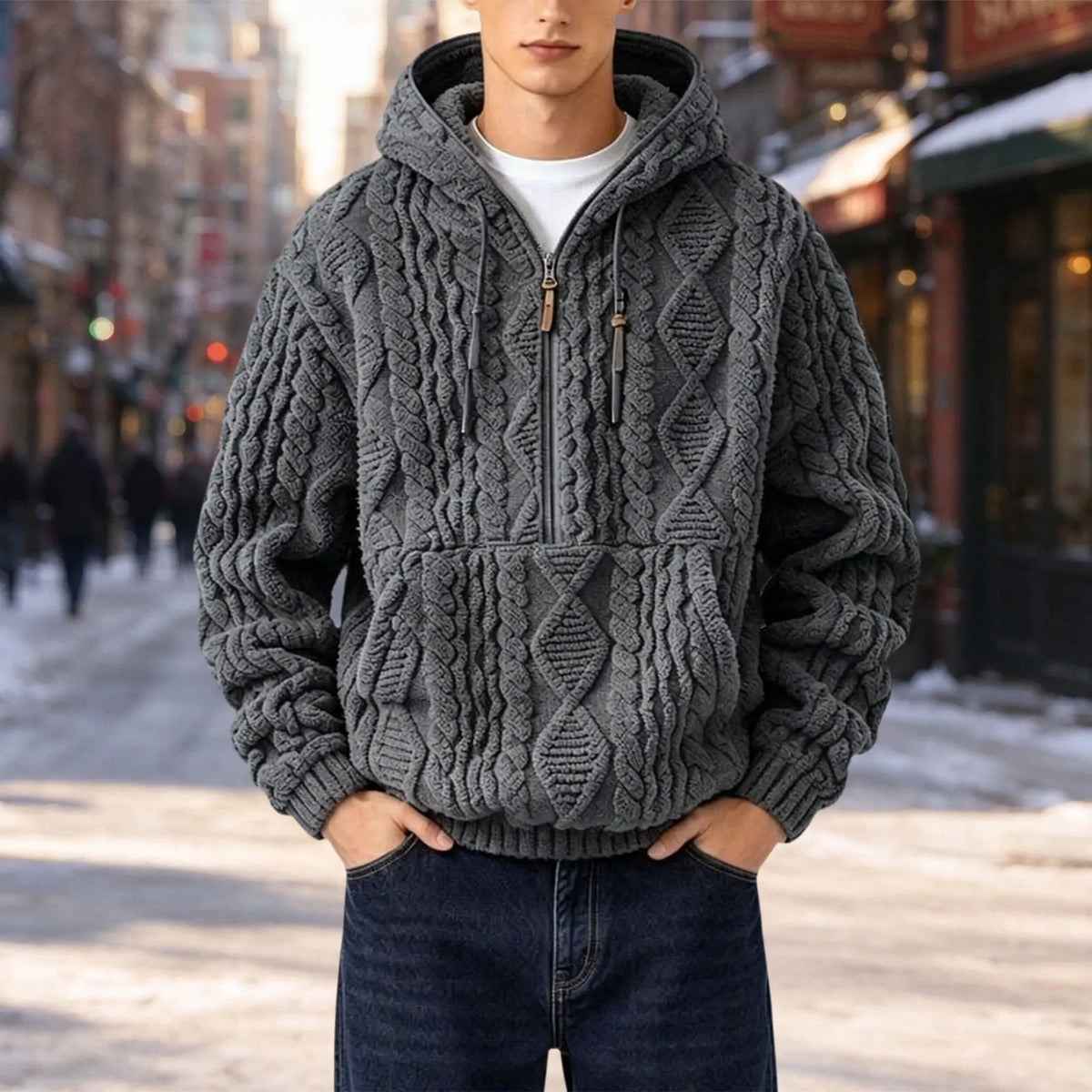Sudadera Everett™ de Tejido Trenzado Grueso con Medio Cierre y Capucha Amplia