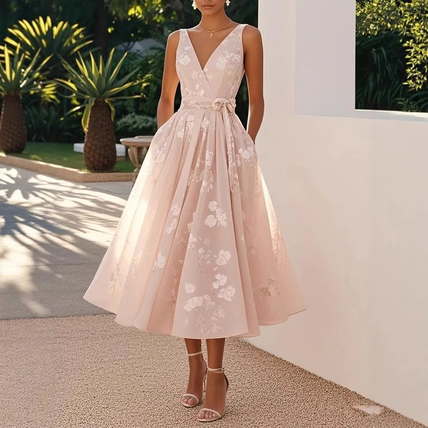 Vestido Lavienne™ con Estampado Floral y Cintura Marcada con Lazo