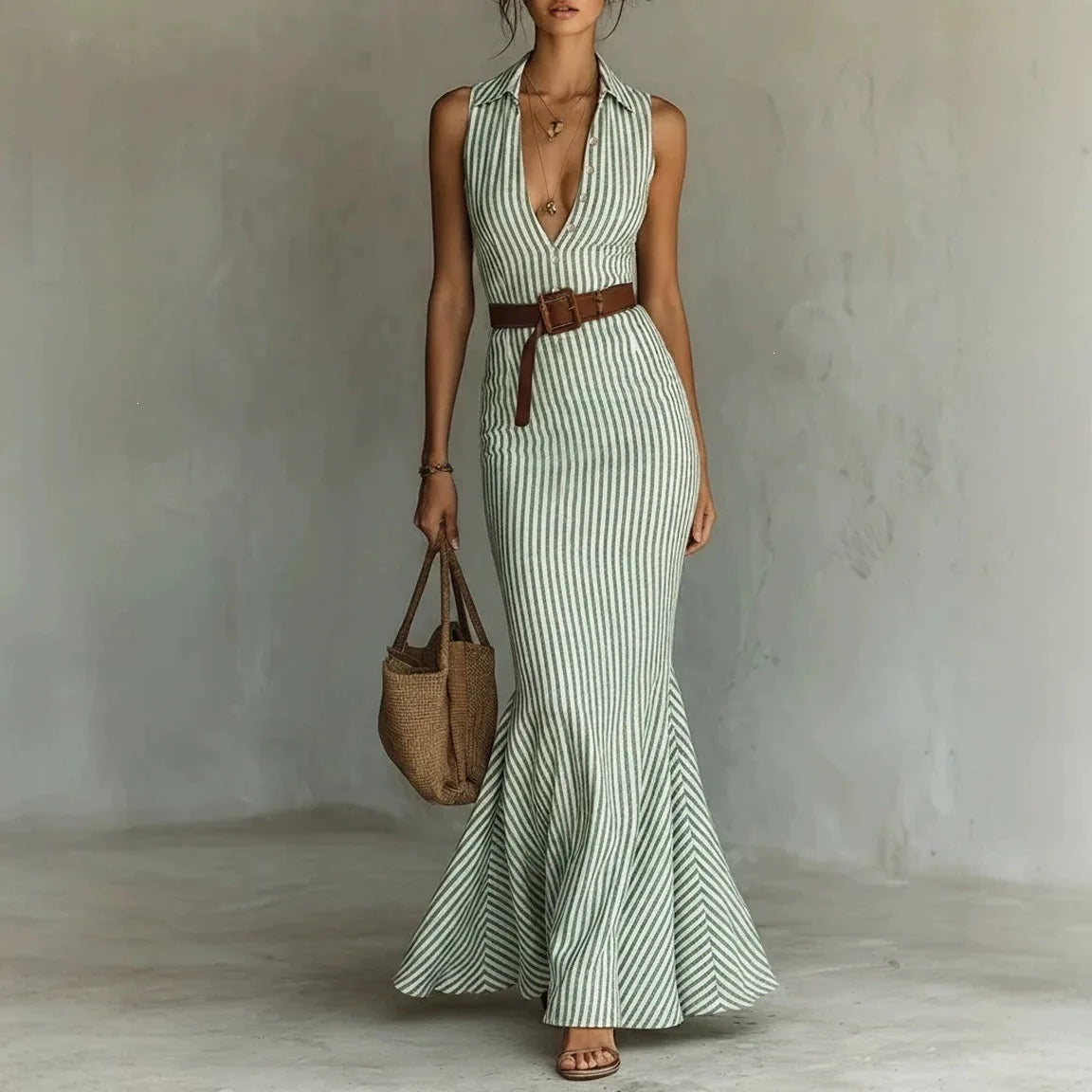 Vestido Seravina™ con Rayas Verticales y Cinturón de Regalo