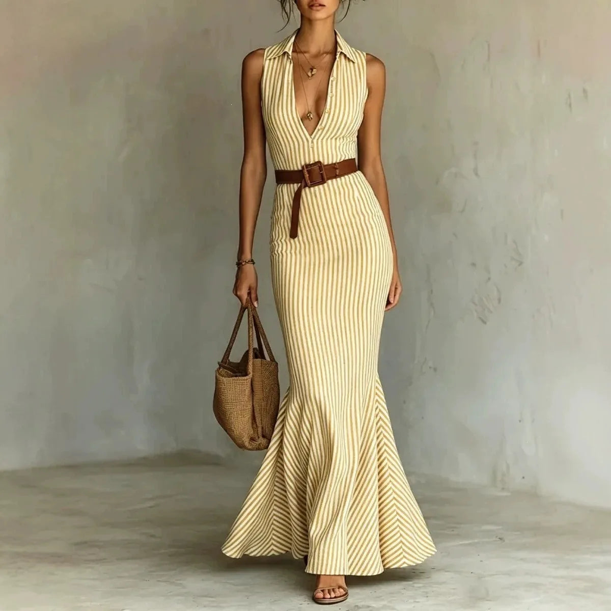 Vestido Seravina™ con Rayas Verticales y Cinturón de Regalo