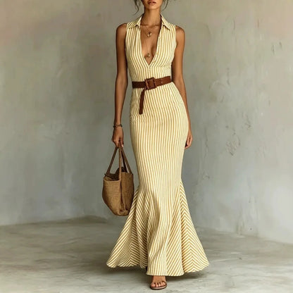 Vestido Seravina™ con Rayas Verticales y Cinturón de Regalo