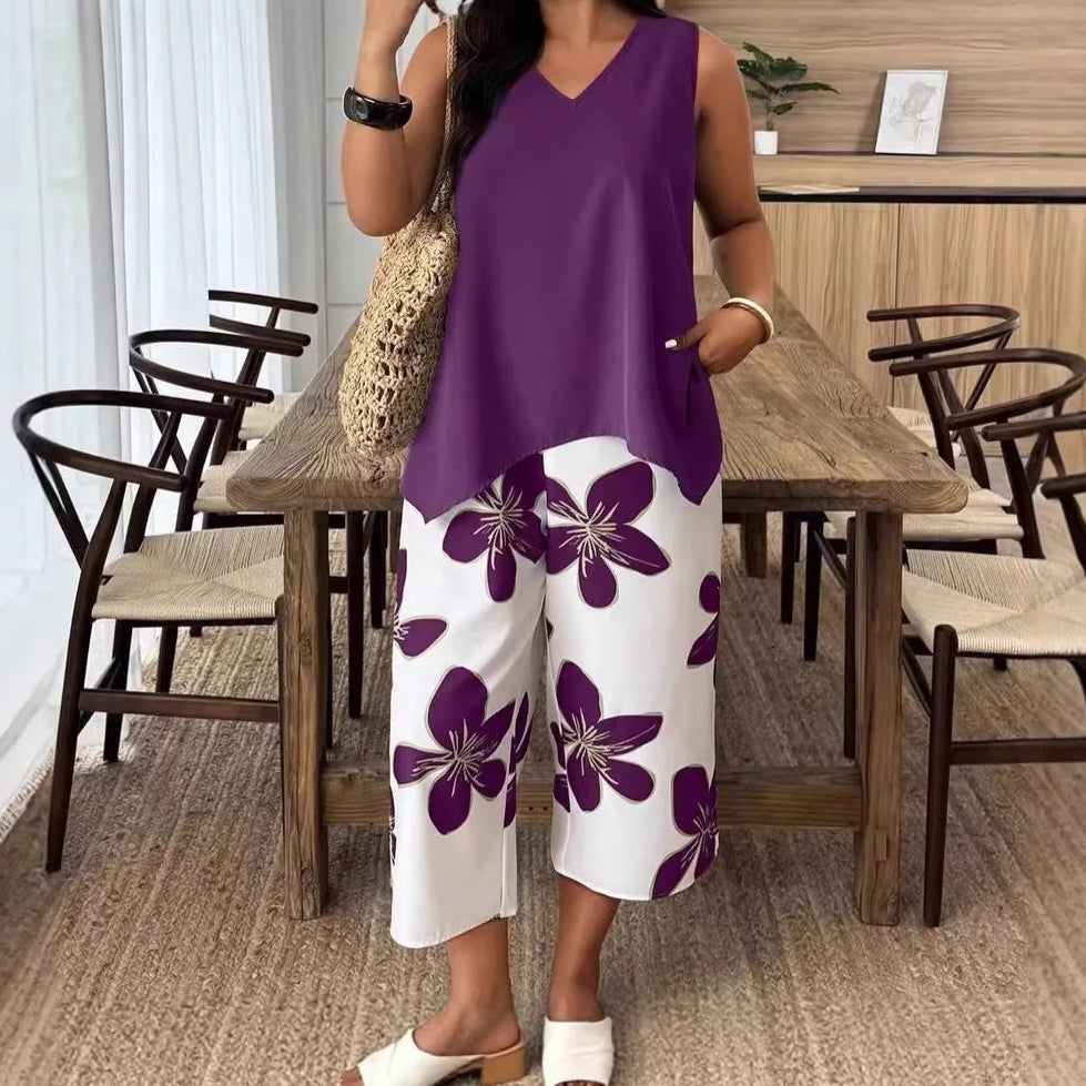 Conjunto Nerina™ Con Top Asimétrico Sin Mangas Y Pantalón Culotte Floral