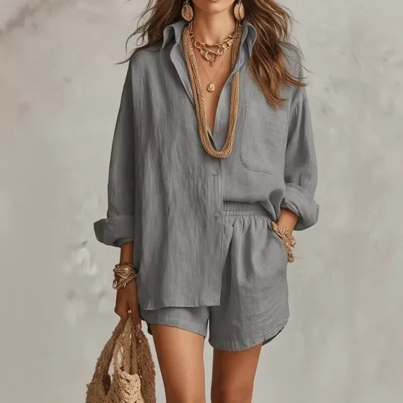 Conjunto Bellmare™ En Lino De Algodón Con Camisa Amplia Y Short Elegante