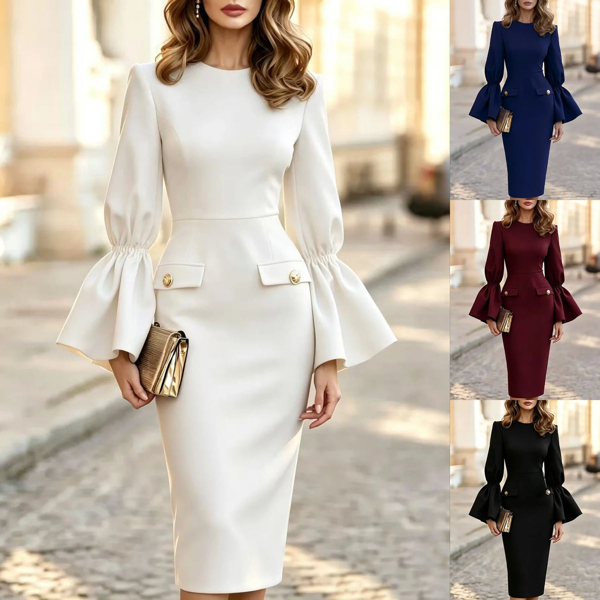 Vestido Bologna™ con Cintura Definida, Mangas Acampanadas y Solapas con Botones