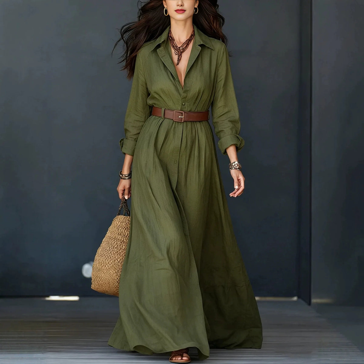 Vestido Delfina™ con Cuello Elegante, Botones Minimalistas y Cinturón de Regalo