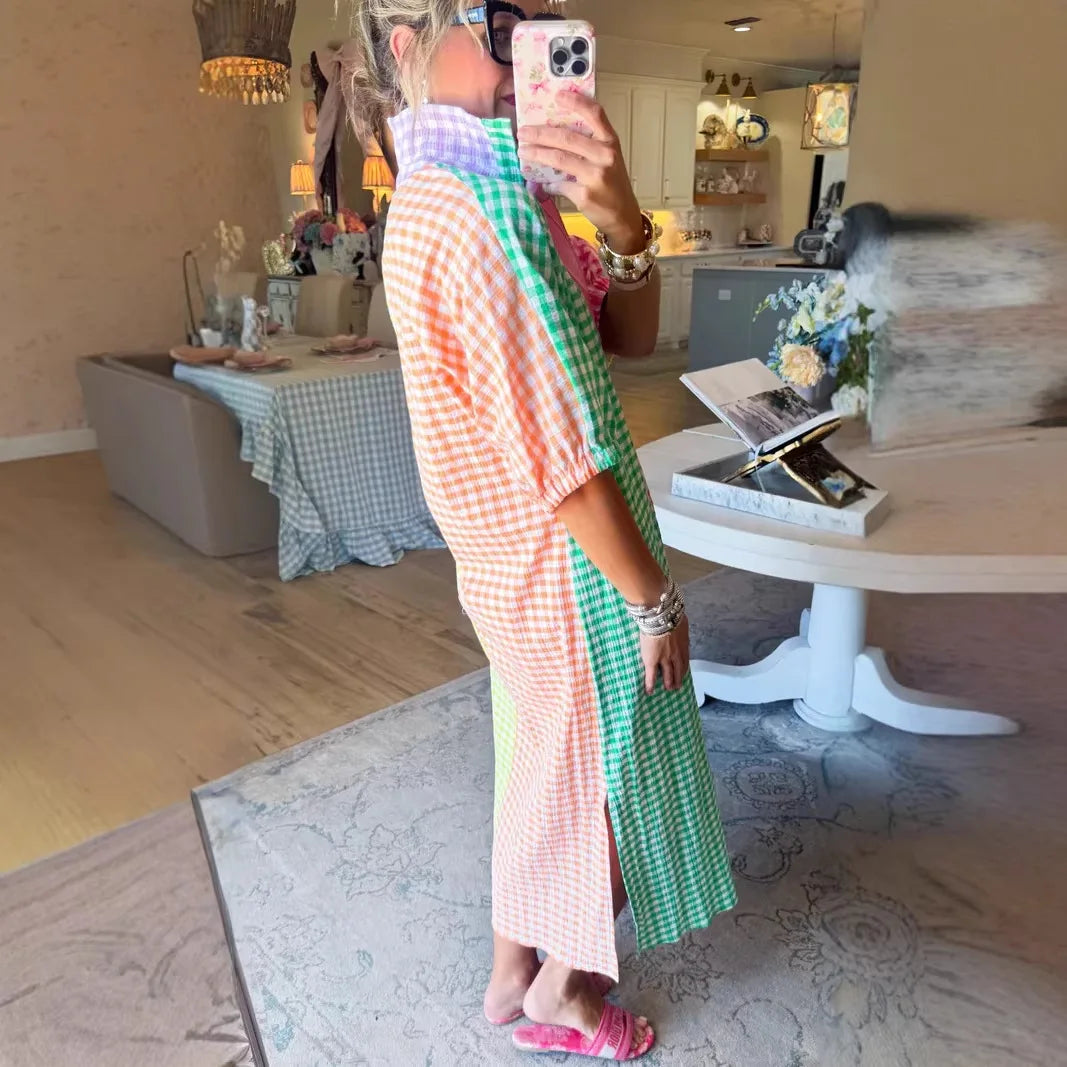 Vestido Colorie™ Con Cuello Camisero Y Estampado Vichy En Bloques