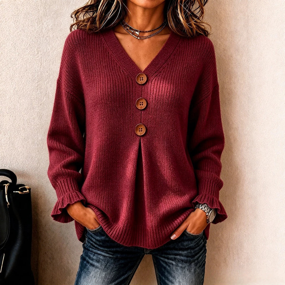 Blusa Ines™ Botones Frontales, Escote V y Puños Acanalados