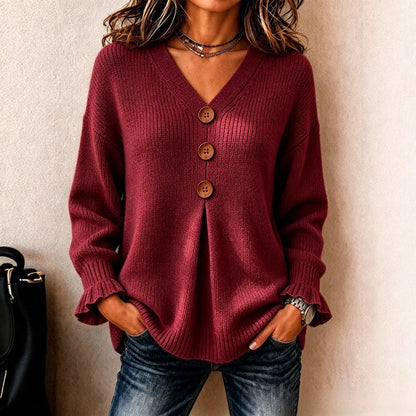 Blusa Ines™ Botones Frontales, Escote V y Puños Acanalados