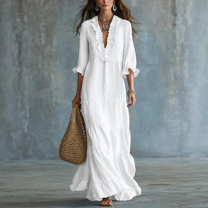 Vestido Elviana™ Largo con Escote en V con Volantes, Falda en Capas y Mangas 3/4