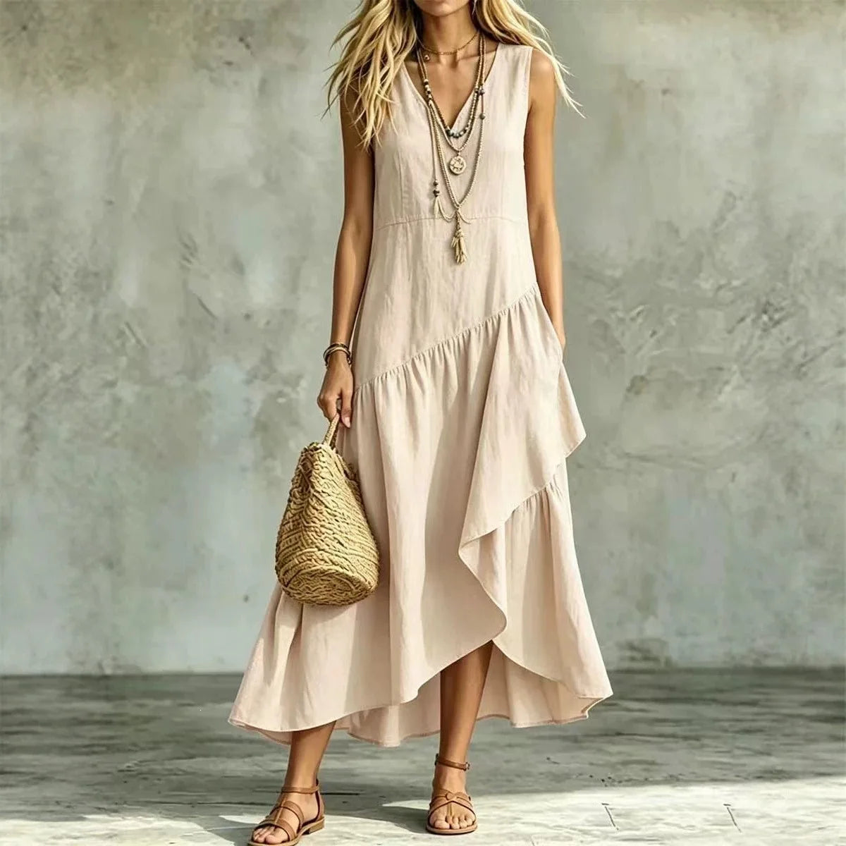 Vestido Liorah™ con Escote en V y Falda Asimétrica de Capas Fluidas