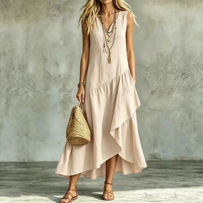 Vestido Liorah™ con Escote en V y Falda Asimétrica de Capas Fluidas
