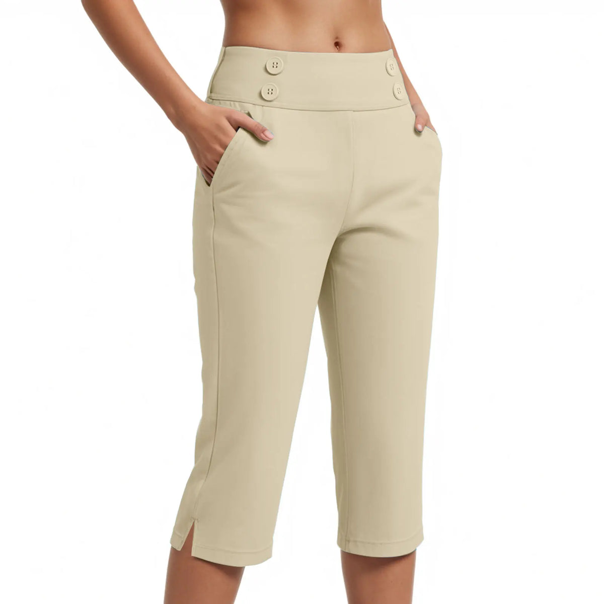 Pantalón Capri Juliana™ con Cintura Alta, Botones y Bolsillos Laterales