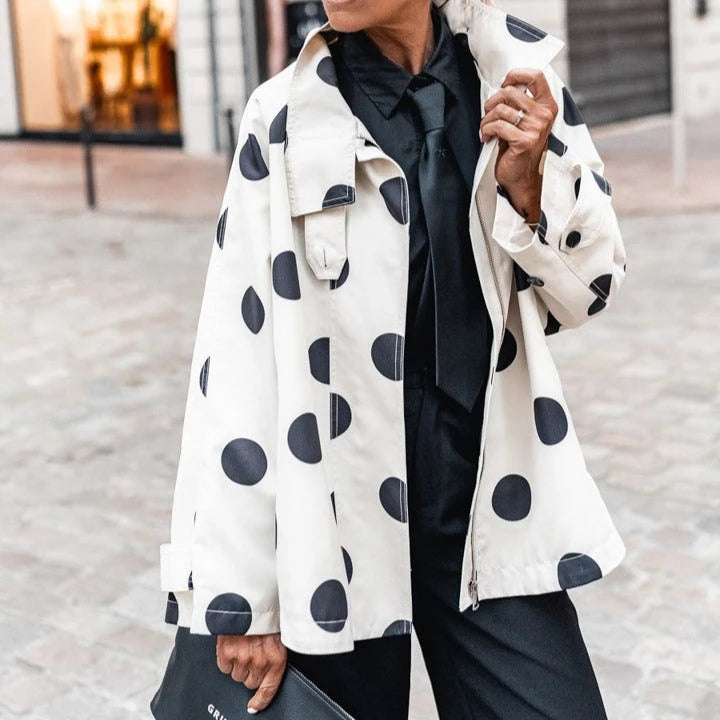 Chaqueta Varenne™ con Estampado de Lunares, Cuello Alto y Corte Amplio