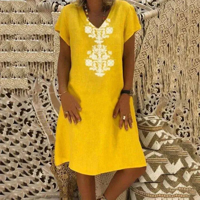 Vestido Midi Zarelle™ con Estampado Ornamental, Escote em V y Corte Amplio / Sofisticación Fresca Que Estiliza la Figura con Elegancia