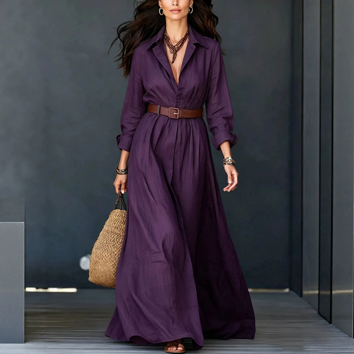 Vestido Delfina™ con Cuello Elegante, Botones Minimalistas y Cinturón de Regalo