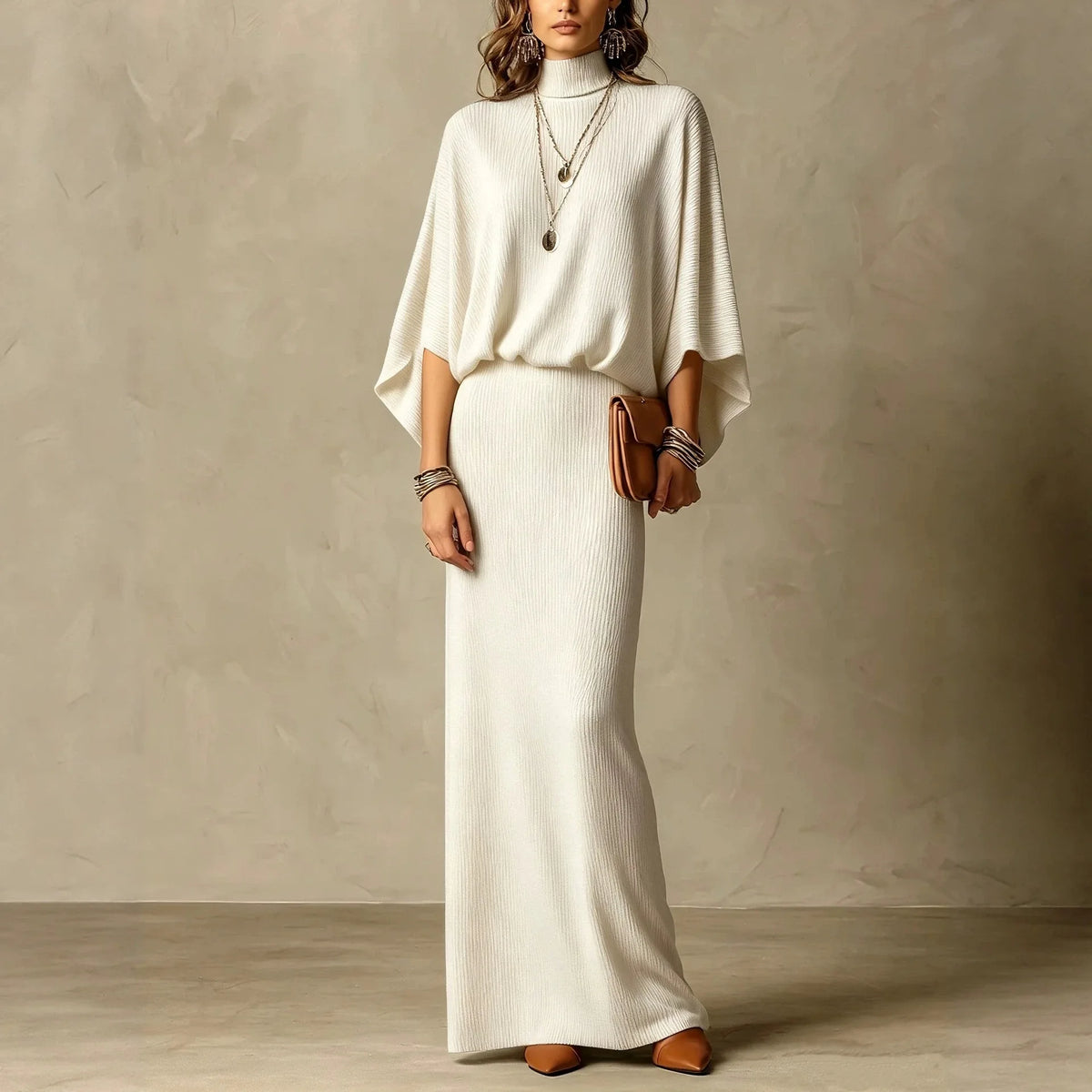 Conjunto Vicenza™ con Blusa de Cuello Alto y Falda Larga de Corte Recto