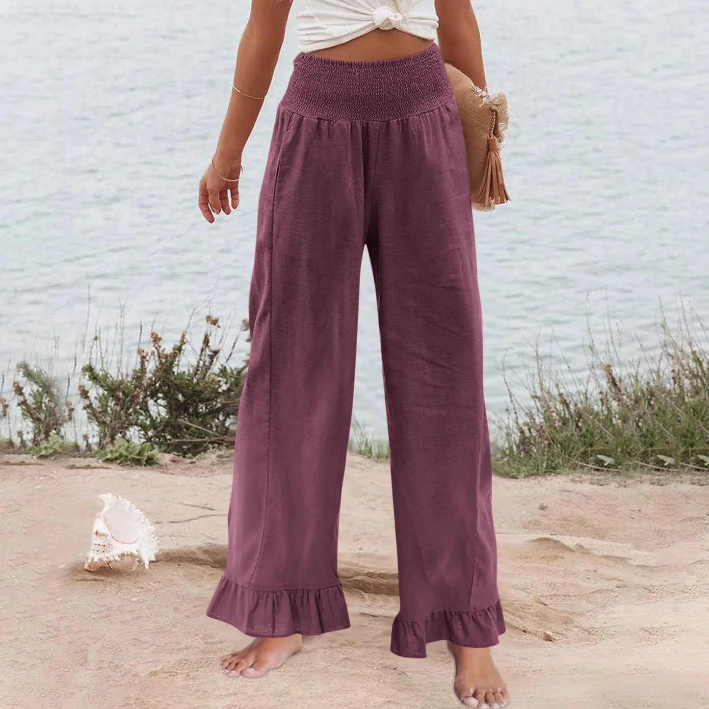 Pantalón Brisa™ con Cintura Alta Fruncida, Mezcla de Lino y Bajo con Volante