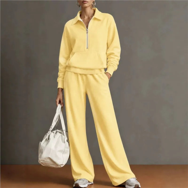 Conjunto Norelle™ con Blusa de Medio Cierre, Bolsillo Canguro y Pantalón de Corte Amplio