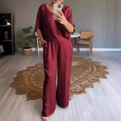 Conjunto Marevielle™ De Tela Satinada Con Blusa Amplia y Pantalón Palazzo Fluido