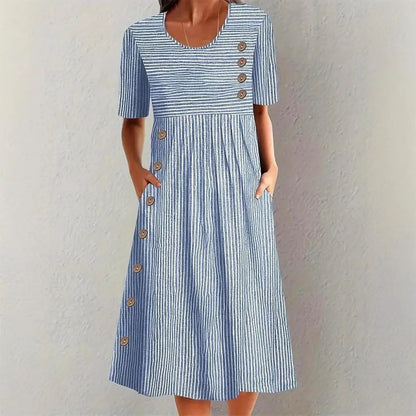 Vestido Elvanna™ con Estampado de Rayas Delicadas y Botones Decorativos