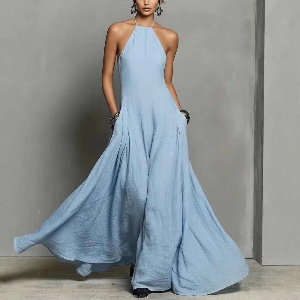 Vestido Serafine™ con Escote Halter, Espalda Descubierta y Caída Fluida.