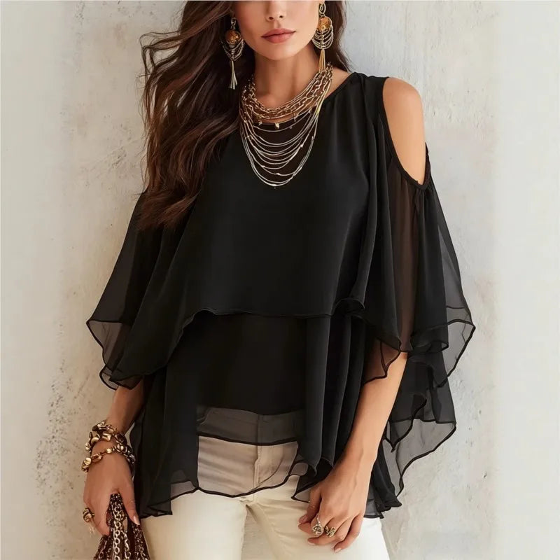 Blusa Irene™ con Mangas Amplias, Hombros Descubiertos y Volantes