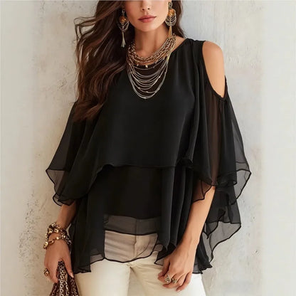Blusa Irene™ con Mangas Amplias, Hombros Descubiertos y Volantes