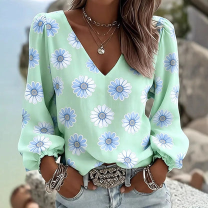 Blusa Ariela™ con Escote en V, Mangas Largas y Puños Fruncidos
