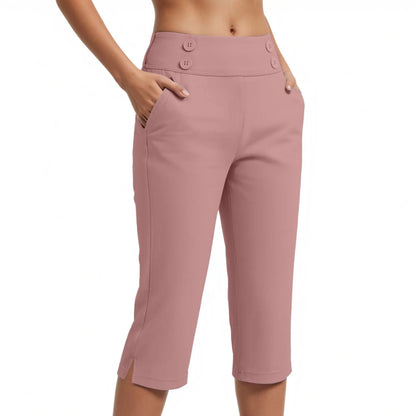 Pantalón Capri Juliana™ con Cintura Alta, Botones y Bolsillos Laterales