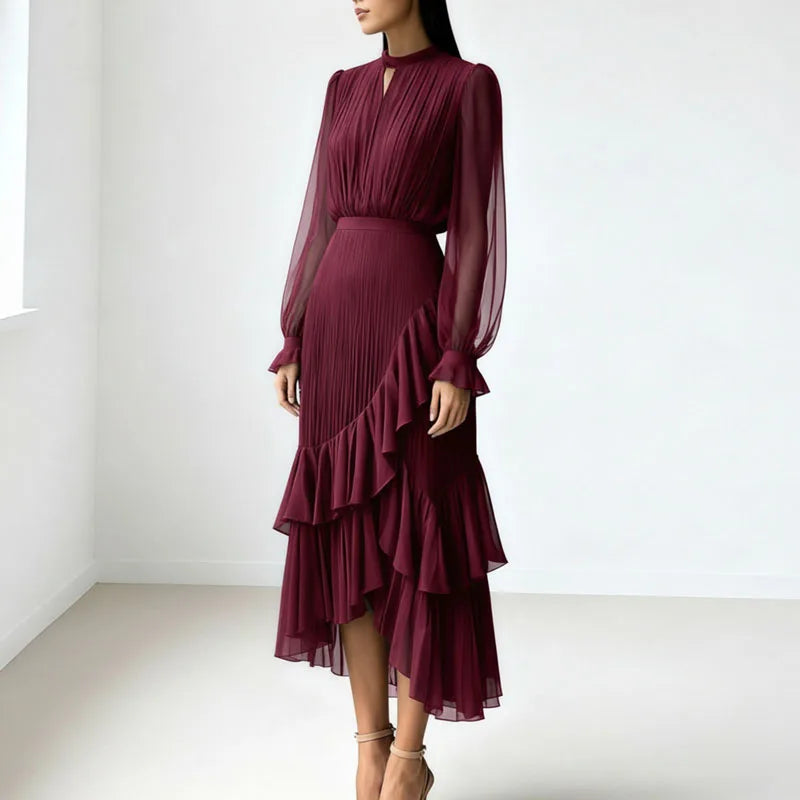 Vestido Lioren™ con Plisado Sofisticado y Volantes Asimétricos