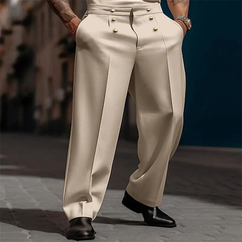 Pantalón Lorenzo™ de Cintura Alta con Pliegues Frontales y Botones Metálicos