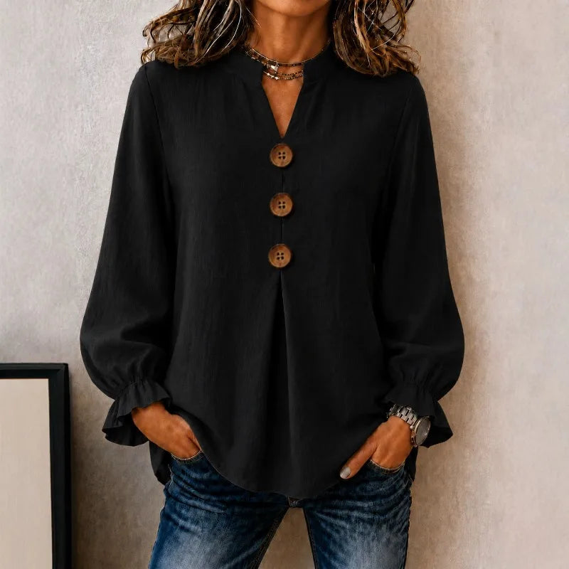 Blusa Dulce™ con Gola Mandarín, Puños con Volantes y Botones Frontales