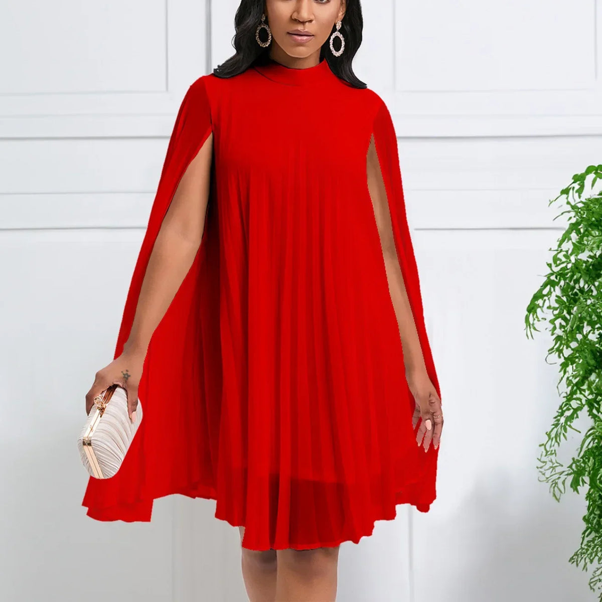 Vestido Lumera™ con Cuello Alto, Mangas Largas Tipo Capa y Caída Fluida